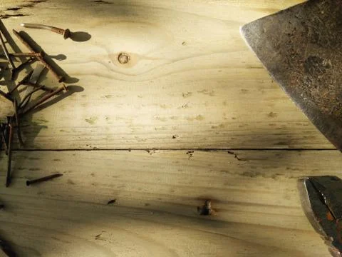 Joiner's tools set. Real work background. Pliers, old rusty nails and axe 写真素材