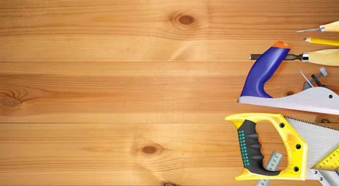 Joinery, background. Tools of carpentry craft or wood processing, composition 스톡 일러스트