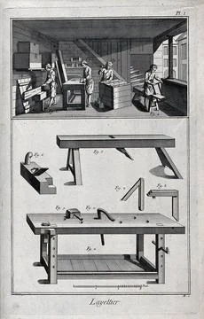 Joinery: a box-making workshop, with men at work (top), tools (below). Engr.. Stock Illustration