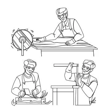 Joinery Man Working In Workshop With Tool Vector Stock Illustration