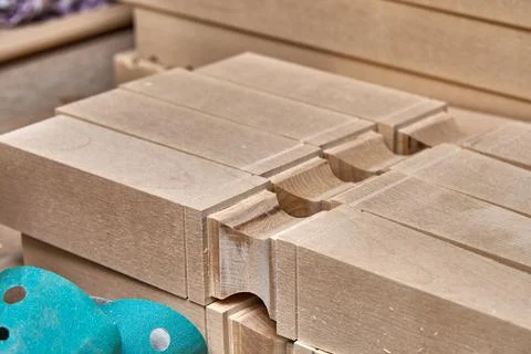 Joinery. Solid wood table legs building process. Wooden furniture manufacturing Fotos de archivo