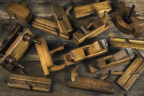Joinery tools on wood table background with copy space Stock Photos