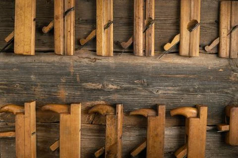 Joinery tools on wood table background with copy space 스톡 사진