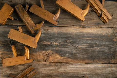 Joinery tools on wood table background with copy space Stock Photos