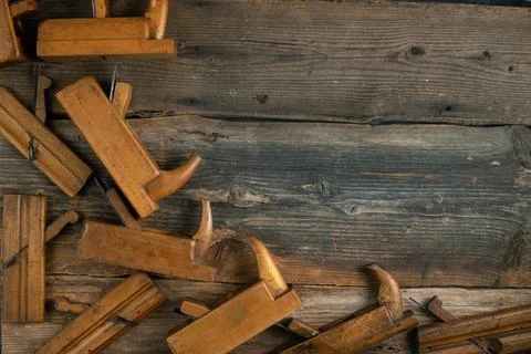 Joinery tools on wood table background with copy space Stock Photos