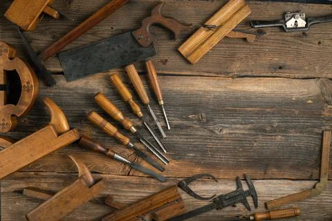 Joinery tools on wood table background with copy space Stock Photos