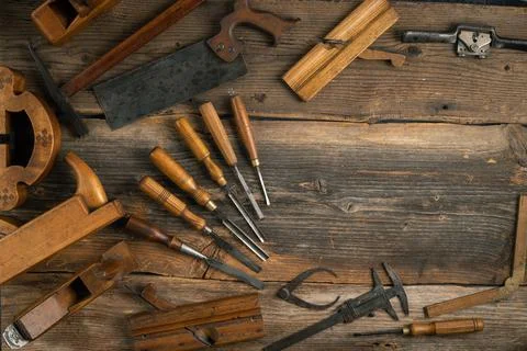 Joinery tools on wood table background with copy space Stock Photos