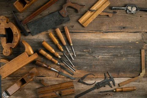 Joinery tools on wood table background with copy space Stock Photos