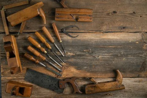 Joinery tools on wood table background with copy space Stock Photos