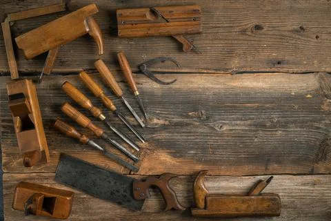 Joinery tools on wood table background with copy space Stock-Fotos