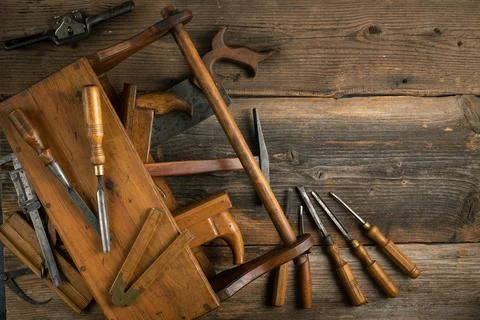 Joinery tools on wood table background with copy space Stock Photos