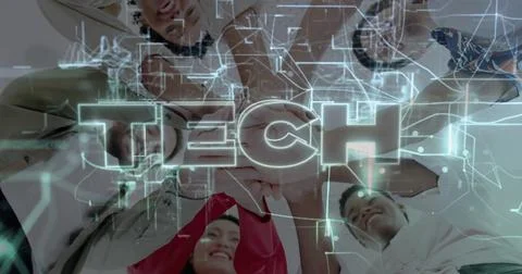 Joining five professionals placing hands at office huddle, with TECH overlay and 스톡 사진