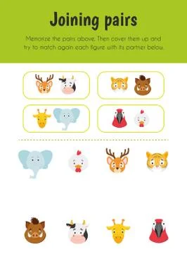 Joining pairs Educational Sheet. Primary module for Memory. 5-6 years old. Ed Stock Illustration