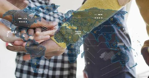 Joining team hands forming stack in office, with checkered sleeve, yellow knit, Foto stock