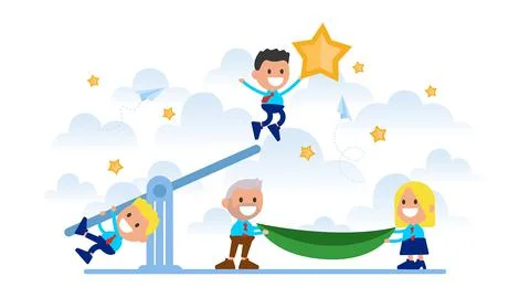 Joint efforts working team caught a star from the sky.	 Stock Illustration