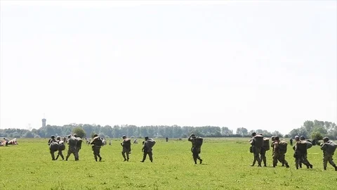 The joint-forces and historical reenacter parachute jump - 2018 Stock Footage 95606064