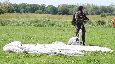 The joint-forces and historical reenacter parachute jump - 2018 Stock Footage 95606164