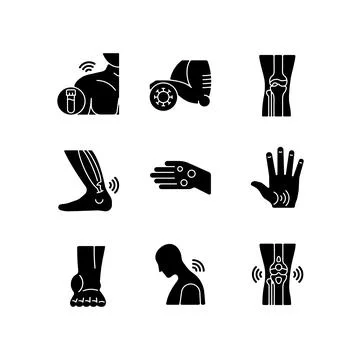 Joint problems black glyph icons set on white space Stock Illustration