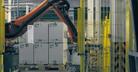A jointed robotic arm at the packaging line Stock Footage 78015792