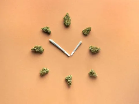 Joints with cannabis in the form of clock hands, dry marijuana buds represent Stock Photos