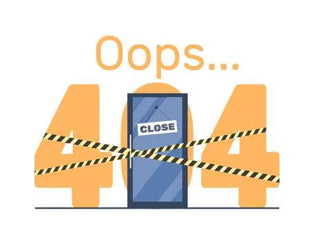 Joke 404 error page design template with closed door and barricade tapes. Web Stock-Illustration