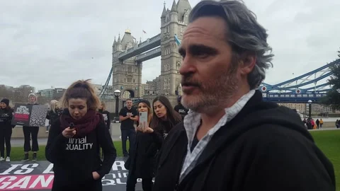 Joker star Joaquin Phoenix makes plea for people to go vegan - interview Stock Footage 148564782