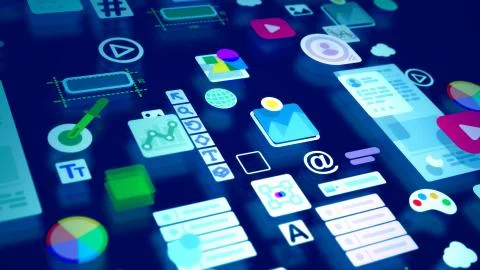 A jolly 3d illustration of multicolored interface elements such as world, pla Stock Illustration