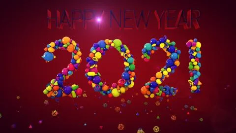 A jolly 3d rendering of New Year balls and other multicolored forms keeping t Illustrazione stock