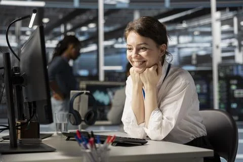 Jolly engineer in server hub satisfied by improved system efficiency metrics Stock Photos