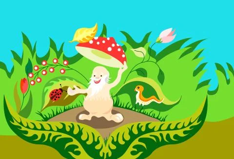 Jolly old man fly agaric mushroom takes off his hat in greeting. Vector Illustrazione stock