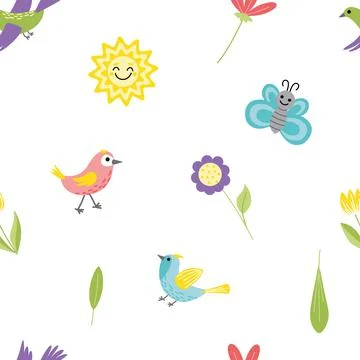 Jolly summer seamless pattern. Bird, sun, flower, butterfly. Flat, cartoon Stock Illustration