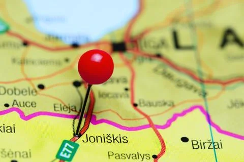 Joniskis pinned on a map of Lithuania Stock Photos