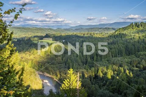 Jonsrud forest and Sandy river viewpoint Oregon state. Stock Photos