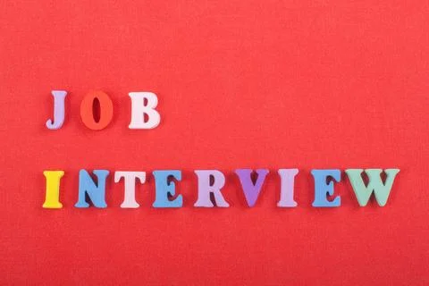 JOP INTERVIEW word on red background composed from colorful abc alphabet bl.. Stock Photos