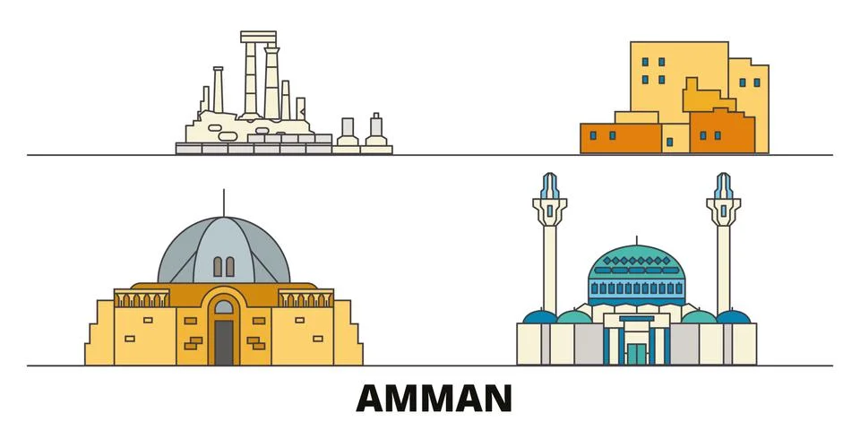 Jordan, Amman flat landmarks vector illustration. Jordan, Amman line city with Ilustración de archivo