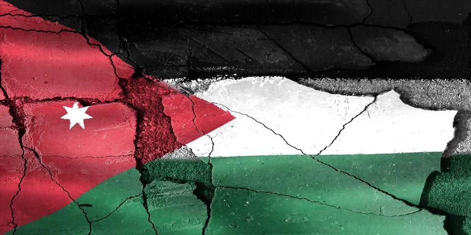 Jordan and Palestine flags split by cracked wall Stock Photos