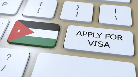 Jordan, Apply for Visa Concept. Button Push 3D Illustration. Visa Apply for Stock Illustration