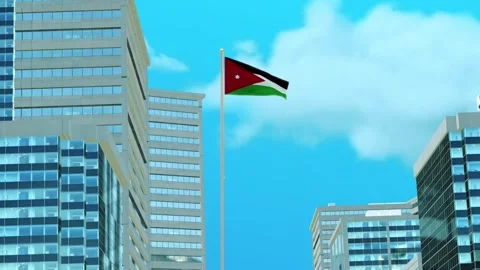 Jordan Flag 3D Render Animation with Urban Architecture and Clear Blue Sky Stock-Footage 333049480