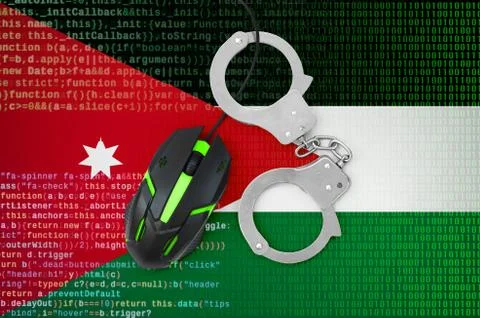 Jordan flag  and handcuffed computer mouse. Combating computer crime, hackers Stock-Fotos