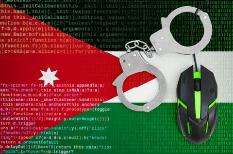 Jordan flag  and handcuffed computer mouse. Combating computer crime, hackers Stock-Fotos