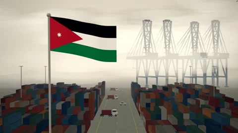 Jordan Flag Flying Over A Container Port Terminal In Morning Haze 스톡 동영상 344470514