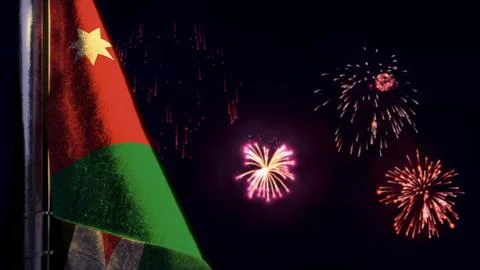 Jordan flag is hanging on firework sky for national celebration - soft focus Stock Illustration