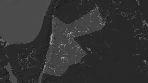 Jordan highlighted on a Bilevel elevation map with lakes and rivers Stock Illustration