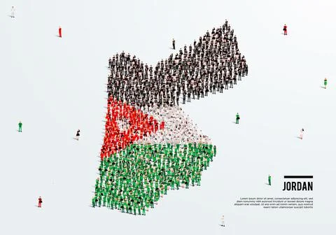 Jordan Map and Flag. A large group of people in the Jordan flag color. Stock Illustration