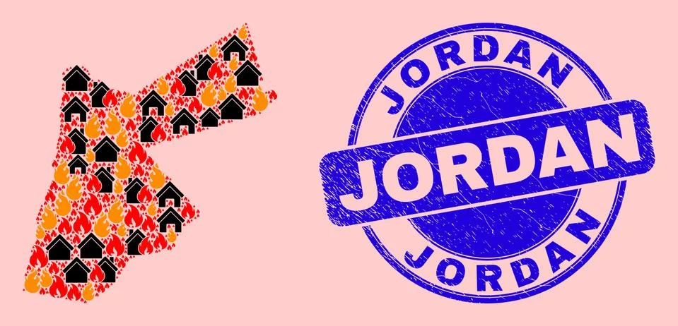 Jordan Map Mosaic of Fire and Buildings and Scratched Jordan Seal Ilustración de archivo