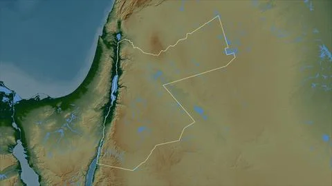 Jordan outlined on a Colored elevation map with lakes and rivers 스톡 일러스트