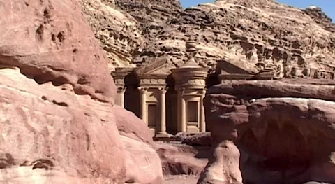 Jordan, Pectra. Rock Temple Ad-Deir. Monastery facade against blue spring sky. Stock Footage 156242665