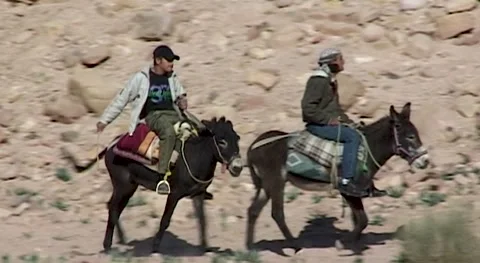 Jordan, Petra. Donkey racing. Two Bedouins on donkeys compete in speed. Close-up Stock Footage 149477191