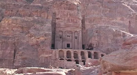 Jordan, Petra. Multi-colored rocks with cave monasteries. Tourist place. Video stock 149487611