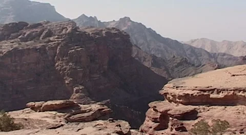 Jordan, Petra. Rocks with cave monasteries. Hiking trail to temple Ad-Deir. Stock Footage 156242567